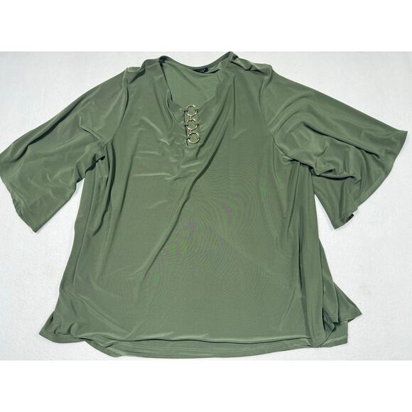 Studio 1886 Green V-Neck Top Gold Ring Detail Short Sleeve Stretchy 1X (18W-20W) - Picture 1 of 5